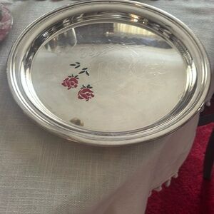 VTG Sheridan Silver Plated Tray with Red Rose Design and "Best Wishes"